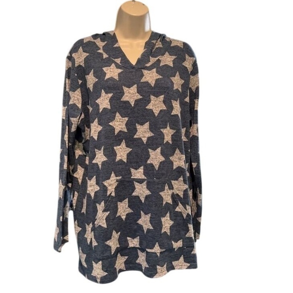 Honey Lace Star Print Hoodie Top Blue Grey Knit Kangaroo Pocket Tunic 2X Womens